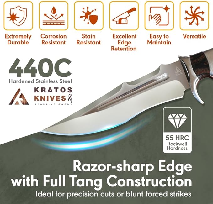 Kratos Hunting Knife with Sheath, 12.2" Survival Knife Full Tang Knife, 440 Stainless Steel Fixed Blade Hunting Knives with Wood Handle ZF11