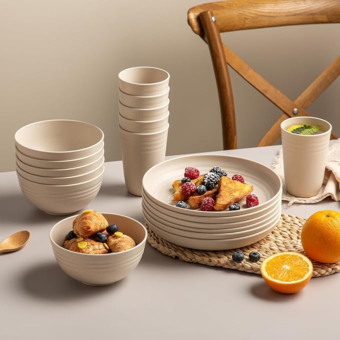 18PCS Wheat Straw Dinnerware Sets Unbreakable Dinnerware Set Lightweight Dish Set Cups Plates and Bowls Set Microwave and Dishwasher Safe Dishware Sets