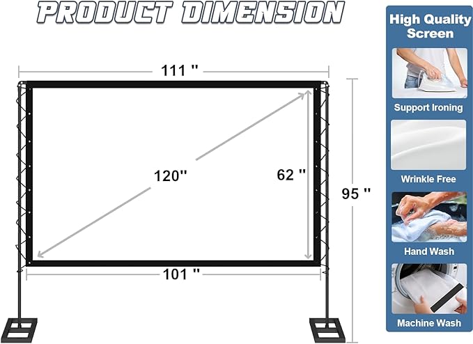Queension 120 inch Outdoor Projector Screen with Stand, Portable Projector Screen 16:9 HD 4K, Movies Screen with Carry Bag for Outside Backyard, Indoor Wrinkle-Free Screen for Home Theater