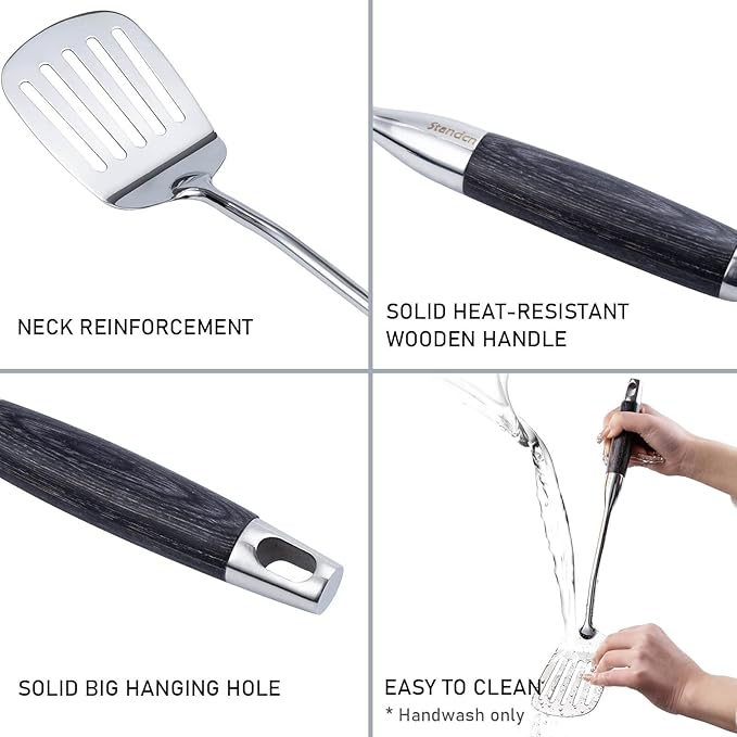 18/10 Stainless Steel Kitchen Utensils Set with Wood Handle - 15” Long Cooking Tools, Metal Spatula Spoons - Serving Solid/Slotted Spoon, Tunner, Skimmer, Soup Ladle, Pasta, Large Spoons Set of 6