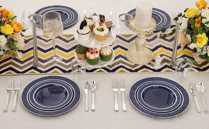 Ciaell 150 PCS Blue and Silver Plastic Plates - Blue Disposable Plate include 50 Plates, 25 Knives, 25 Forks, 25 Spoons, 25 Cups for Weddings & Party & Graduation