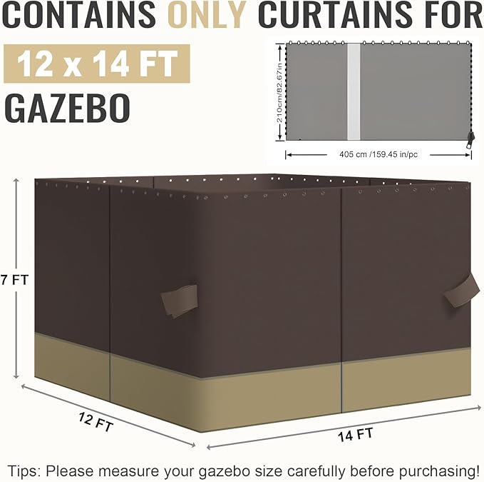 COWVIE 4-Panel 12' x 14' Gazebo Replacement Curtains, Patio Privacy Sidewalls with Double Zipper, Replacement for Outdoor Gazebo Canopy (Curtain Only)