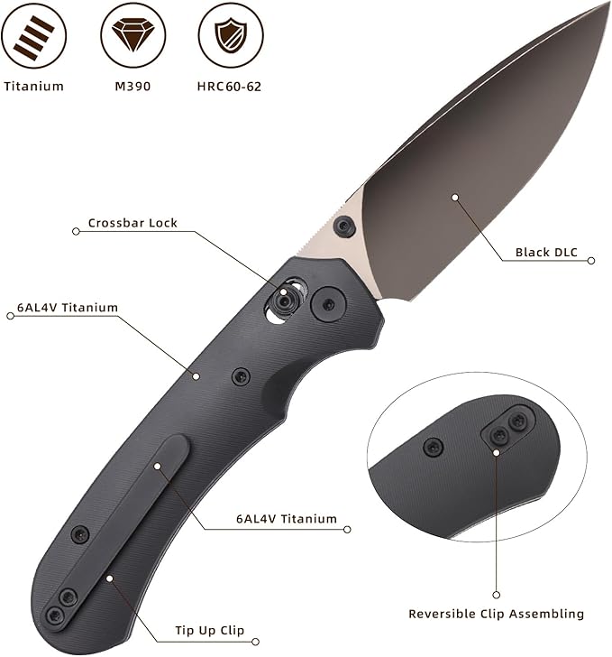 Folding Pocket Knife,3.31” M390 Blade,Erogonomic Titanium Handle,Hunting Survival Knife,EDC Knife for Hunting Camping Survival Outdoor Fishing Hiking(Black)