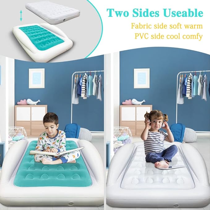 Inflatable Kids Travel Bed Toddler Air Mattress Set,Portable Blow Up Mattress Sleeping Bed Cot with Bed Rails and Electric Pump Ideal for Road Trip