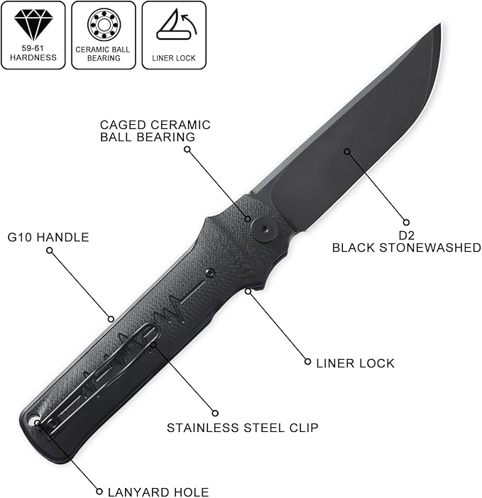 Petrified fish PFB04 Tena Folding Knife, 3.82" D2 Steel Black Stonewashed Blade G10 Handle Pocket Folding knife for EDC Camping Outdoor (Black Black Stonewashed)