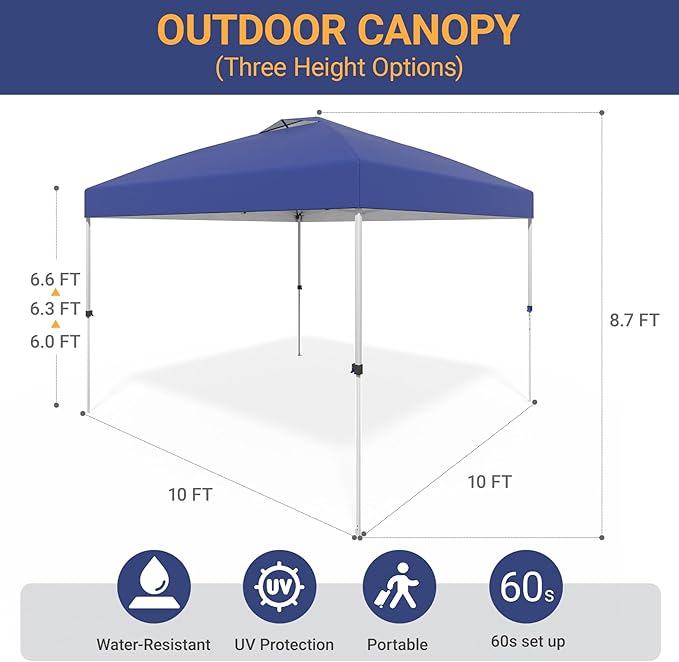 10x10 Pop Up Canopy - Instant Setup Beach Tent with Wheeled Carry Bag, 8 Sandbags & 4 Guy Lines - Portable Sun Shade for Camping, Events, Silver Coated Top, Blue