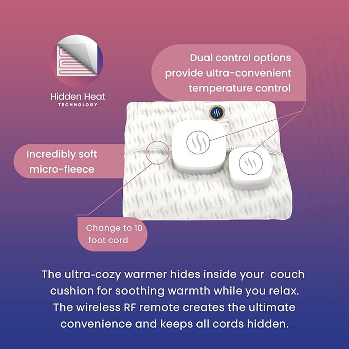 Hidden Heat Electric Couch Cushion Warmer by Spotwarm; Wireless RF Remote, Microplush Flannel Heated Seat or Single User Bed Warmer 17” by 20”