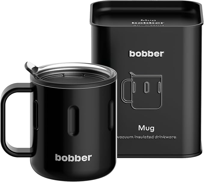 BOBBER 10 oz Insulated Coffee Mug with Handle & Lid – Premium Stainless Steel Camping Cup for Hot and Cold Drinks – Triple Walled Coffee Mug, Perfect for Home & Office (Black)