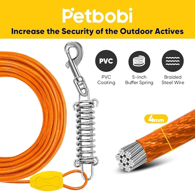 Petbobi Dog Tie-Out Cable and Stake - 50ft Heavy Duty Cable with Spring, No Tangle, 16in Ground Stake, Ideal for Yard, Camping and Beach, Suitable for Small Medium Large Dogs Up to 120 lbs, Orange