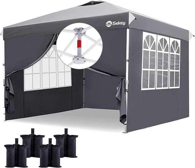 Sekey 10x10 Pop Up Canopy with 4 Sidewalls, One Push Setup Instant Outdoor Gazebo, Instant Easy Up Canopy with UPF50+ Top, 4 Weight Bags for Events, Beach, Patio, Camping