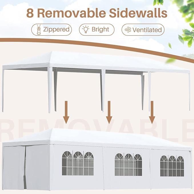 Greesum 10x30 Outdoor Canopy, Gazebo Shelter with 8 Side Removable Walls, Waterproof Shelter for Party Wedding BBQ Events, White