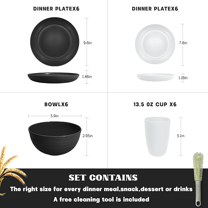 Kitchen Wheat Straw Dinnerware Sets (25pcs) Attached cleaning brush,Service For 6,Plastic Plates and Bowls Sets,Unbreakable Dinnerware,Lightweight Plastic Plate Set (Black white)