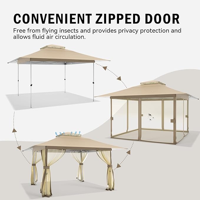 13x13 Outdoor Patio Gazebo with Mosquito Nettings - Double Roof Pop Up Canopy Tent with Wheeled Carry Bag, for Backyard Deck Lawns Garden (Beige, 13x13)
