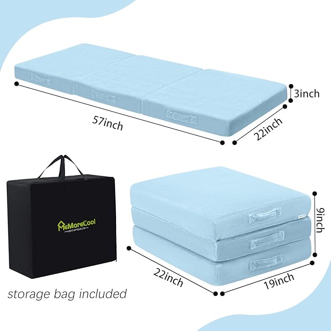 MeMoreCool Foldable Floor Mattress for Kids, Toddler Floor Nap Mat for Sleeping Daycare, Small Child Foldable Mattress Floor Bed, Trifold Futon Portable Tri Folding Mattress, Blue 57x22 Inch