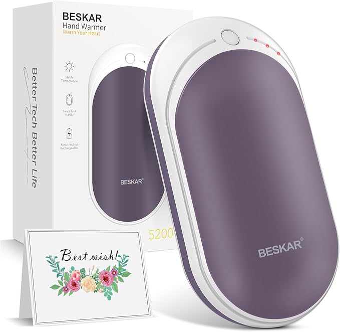 BESKAR Rechargeable Hand Warmer, 5200mAh Electric Hand Heater, Double-Sided Heating, USB Quick Charge, Portable Pocket Hand Warmer for Outdoor, Golf, Raynauds - Winter Gift