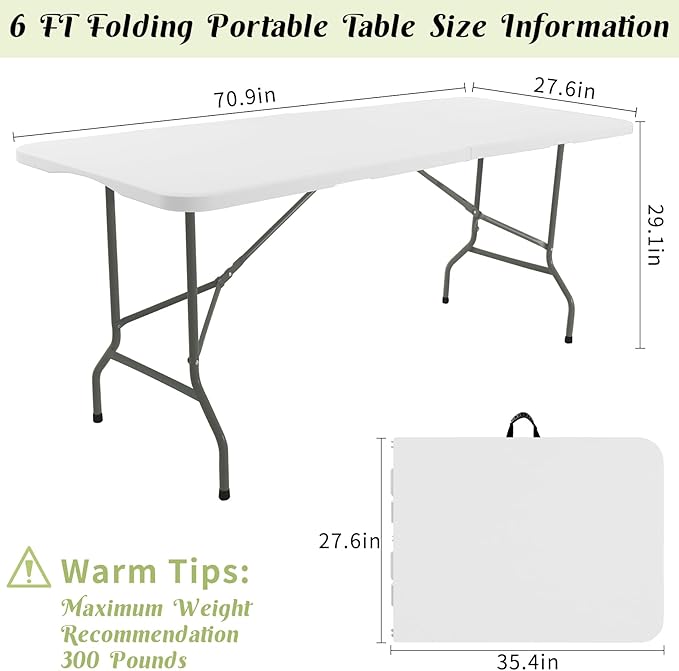 2 Pack 6 FT Folding Tables White Foldable Table, Fold-in-Half with Carrying Handle Portable Plastic Rectangular Table for Party, Dining, Wedding, Camping, Picnic, Indoor Outdoor Events