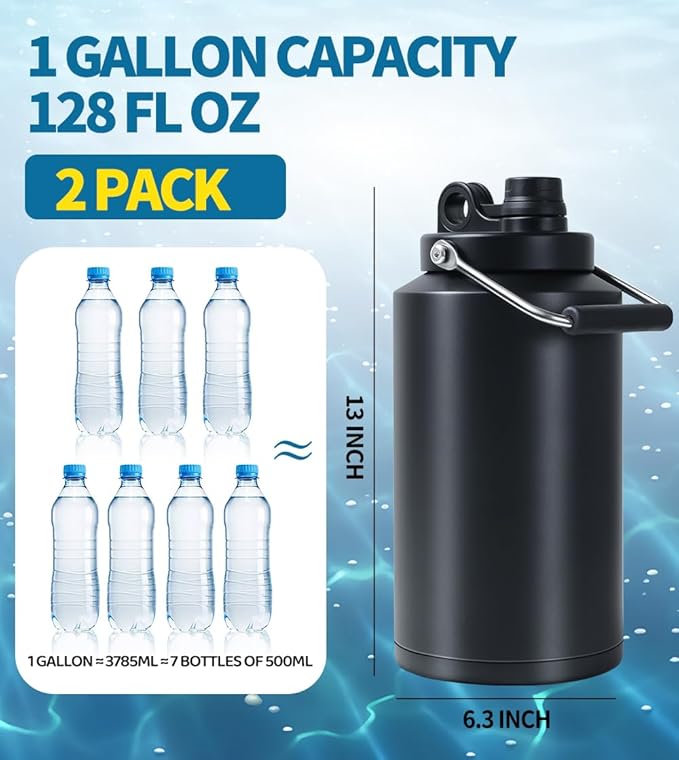 Insulated Water Bottle, 2 Pack, 1 Gallon Jug with Handle, 128 oz Stainless Steel Large Water Bottle Wide Mouth Double Vacuum for Hot & Cold Drinks, Black