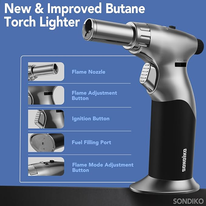 Sondiko DUAL Style Flame Butane Torch Lighter, Adjustable Flame Size Butane Lighter, Refillable Blow Torch with Continuous Flame Lock for Creme Brulee, Cooking(Butane Gas Is Not Included)