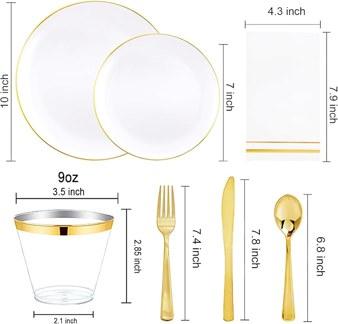 Festiva 350Pcs Gold Plastic Plates - White and Gold Dinnerware Set Disposable include 10" & 7" Plates,Cups,Silverware,Napkins -serve 50 Guests Perfect for Wedding& Birthday &Summer Party