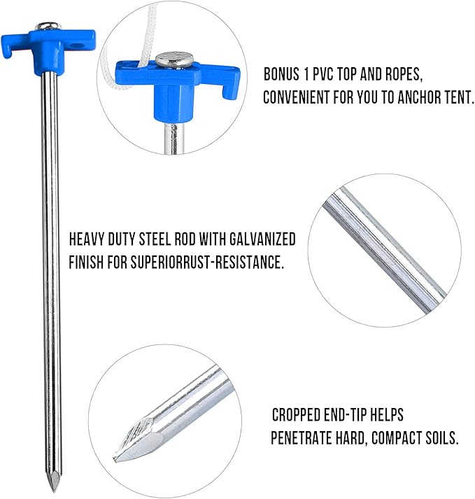 ABCCANOPY 8 Inch Tent Stakes 10 Pcs Non-Rust Metal Ground Anchors, Heavy Duty Spikes with 4 Ropes for Outdoor Camping, Blue