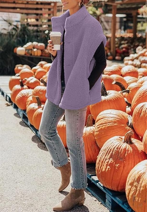 Hongqizo Womens Fuzzy Fleece Vest Casual Oversized Warm Button Down Sherpa Vest Jacket with Pockets