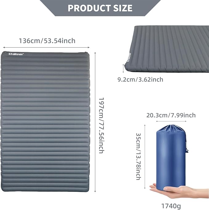 Inflatable Sleeping Pad with R-Value 7.7, Camping & Backpacking Mat 78"x53.5", Waterproof & Durable 40D Nylon, Ultralight & Compact for Cold Weather, 2-Person Sleeping Pad for Outdoor Adventures