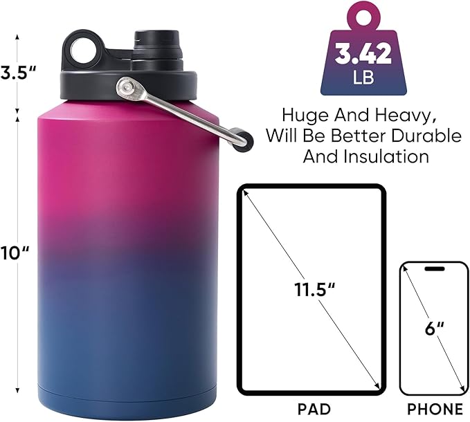 Kerilyn Insulated Jug with Handle, One Gallon, 128oz Stainless Steel, Large Double Vacuum Water Bottle for Hot & Cold Drinks, Wide Mouth, Sweat Proof, Great for Travel, Hiking & Camping, Red Gradient