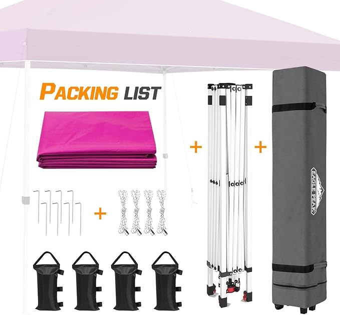 EAGLE PEAK Pop Up Canopy Tent with Wheeled Carry Bag, 8 Stakes, 4 Ropes, 4 Weight Bags, Easy Set Up Tent Canopy, 10x10 ft, 100sqft of Shade, Pink