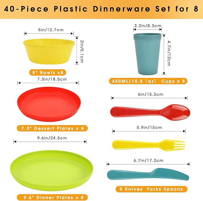 Tropical Plastic Dinnerware Set – 40-Piece Colorful Unbreakable Plates and Bowls Set for 8 with Cups, Forks, Knives, Spoons – Reusable Kids Dishes for Birthday Party, Camping, Picnic, Everyday Use