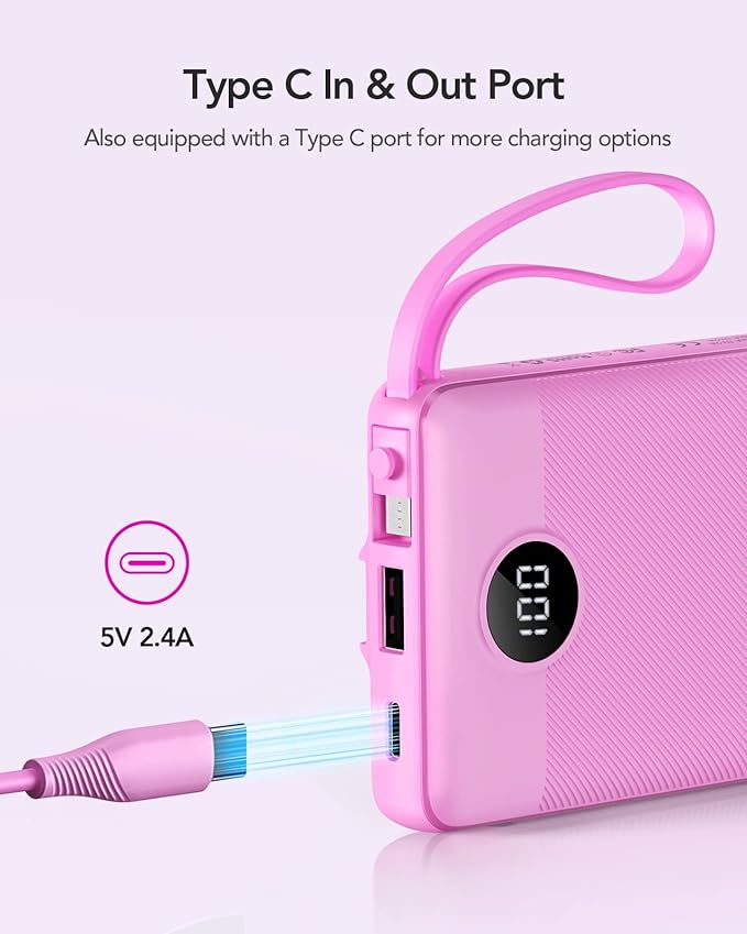 VRURC Portable Charger 10000mAh, Travel Essentials Battery Pack, 5 Output 2 Input Power Bank, Built-in Micro & USB C Cables Phone Charger Compatible with iPhone,Samsung,Android-Purple(1 Pack)