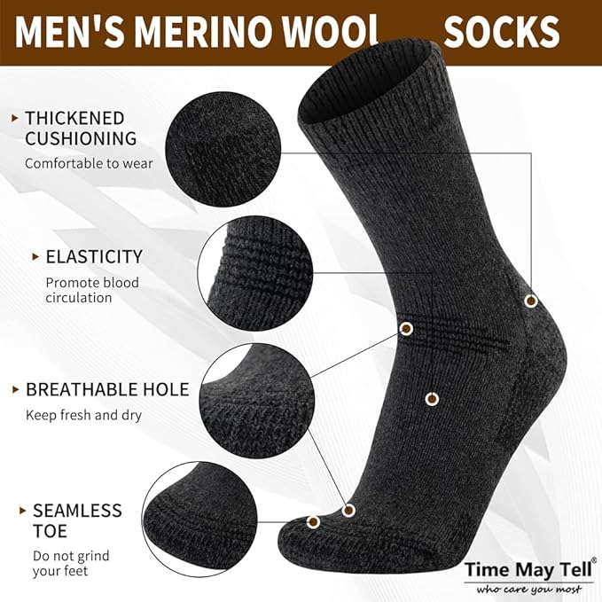 Time May Tell Mens Merino Wool Hiking Cushioning Socks For Outdoor Wool-Socks-For-Mens 3 Pack