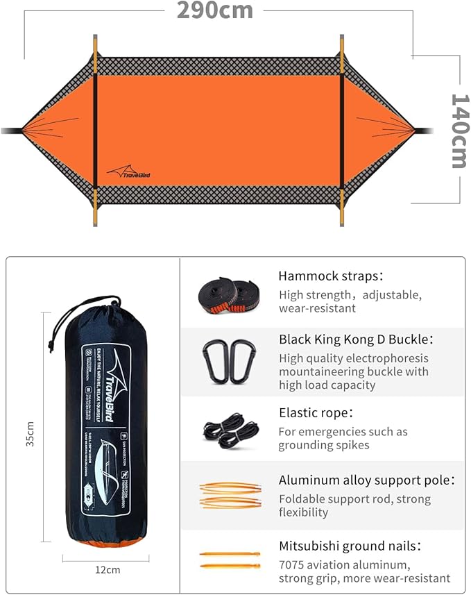 Camping Hammock Tent with Mosquito Net and Sunshade, Extra Large for 2 Person, Lightweight Hanging Hammocks Tree Straps, Bivvy Ground Tent for Outside, Hiking, and Travel