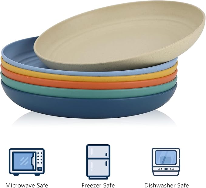 Homienly 6-Piece Wheat Straw Dinner Plates - Microwave & Dishwasher Safe, Unbreakable Kids Plates with 6 Colors (8 INCH)