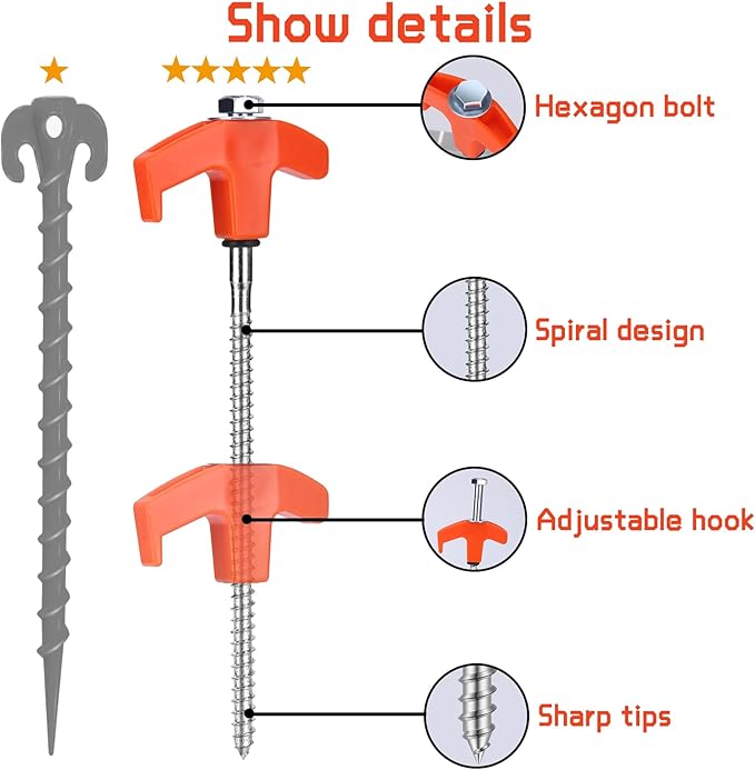 8" Screw in Tent Stakes - Ground Anchors Screw in, Camping Tent Accessories, Metal Threaded Tent Spikes, Tent Stakes for Outdoor Camping,Y-Shaped 3 Way Wrench (9)