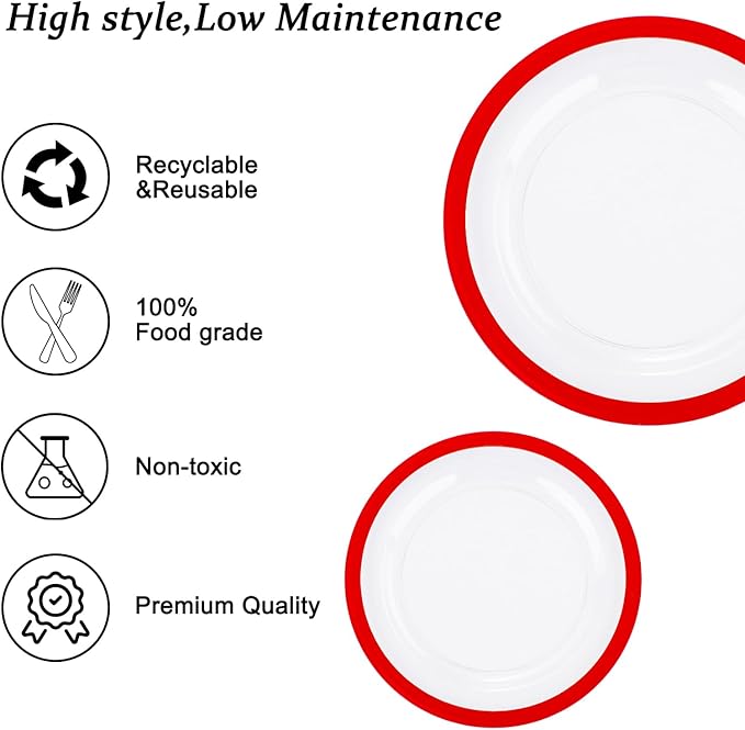 U-QE 200PCS Red Plastic Plates - Clear Red Plastic Plates Disposable Heavy Duty - Include 100 10" Dinner and 100 7" Dessert Platos for Party
