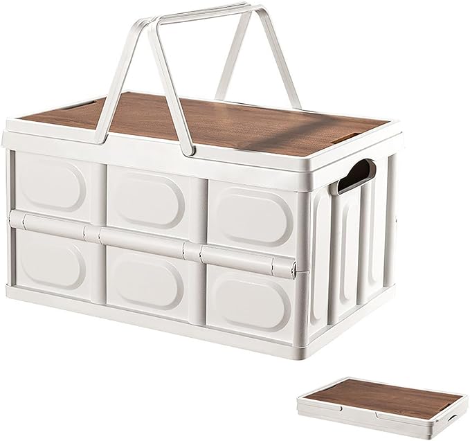 VPTMRP Collapsible Storage Bin with Handles and Wooden Lid, Large Capacity Stackable Utility Crates Holds 33lbs for Outdoor Home Storage Organizing Moving (55L/14.5Gal)