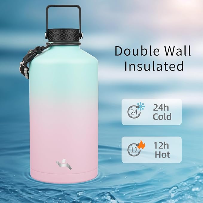 Gallon Insulated Water Bottle with Straw,128 oz 3 Lids Water Jug with Carrying Bag,Paracord Handle, Double Wall Vacuum Stainless Steel Metal Flask,Gum
