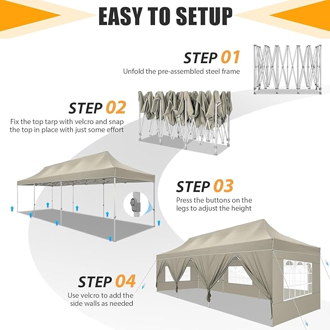 HOTEEL Tents for Parties 10x30 Pop Up Canopy Tent Heavy Duty with 8 Sidewalls, Commercial Party Tent Event Wedding Instant Canopy Waterproof with Carry Bag, UV 50+, Thicked Hexagonal Legs, Khaki