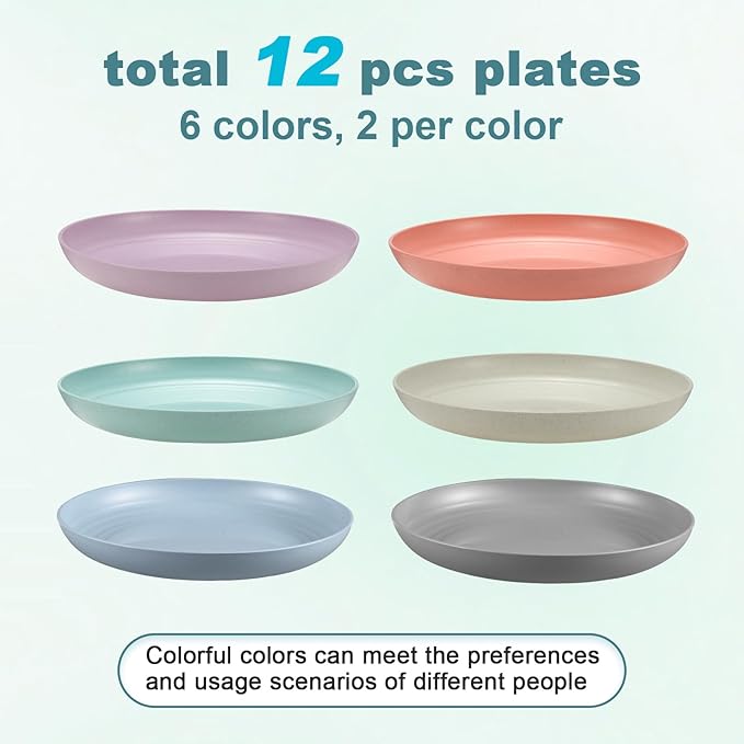 12 Pcs Unbreakable Deep Dinner Plates Set, 10 inch Reusable Plastic Wheat Straw Plates, Microwave and Dishwasher Safe Plate for Kitchen, Lightweight Plate for Dessert, BPA Free, 6 Colors