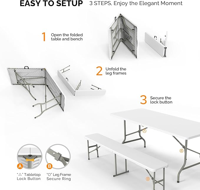 VINGLI Picnic Table Set with 2 Benches, 6 Feet Camping Table Chair Set,3-Piece Folding Furniture for Indoor or Outdoor Use, Smooth Tabletop, White