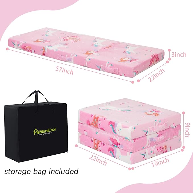 MeMoreCool Foldable Floor Mattress for Kids, Glow Fairy Toddlers Trifold Nap Mat, Kids Folding Mattress Portable Sleeping Futon for Daycare or Floor Bed, 57x22 Inch Pink