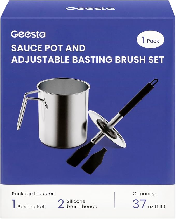 Geesta Adjustable Sauce Pot and Basting Brush Set, Long Stainless Steel Basting Brush for Cooking, Smoking, Fathers Day Grilling Gifts for Men Smoker Accessories, Large Capacity Grilling Tools, 1 Pack