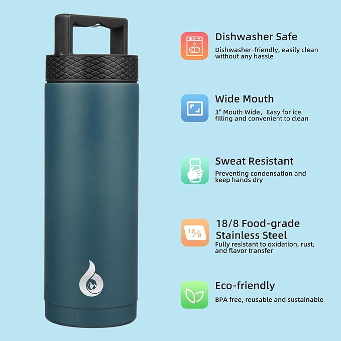 BJPKPK Insulated Water Bottles, Dishwasher Safe 18 oz Water Bottle with Handle, Leakproof BPA Free Water Jug, Stainless Steel Thermo for Sports, Navy Blue