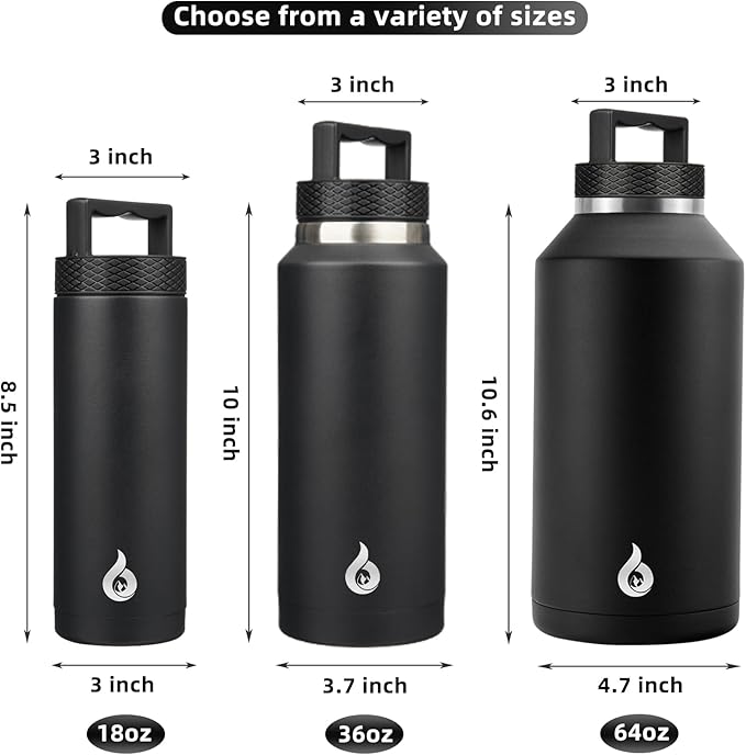 BJPKPK Half Gallon Water Bottle Insulated, Dishwasher Safe 64 oz Water Bottle with Handle, Leakproof BPA Free Water Jug, Large Stainless Steel Thermo for Sports, Black