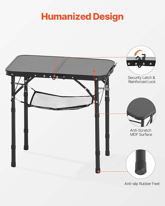 VEVOR Folding Camping Table, Adjustable Height Portable Side Tables, Aluminum MDF Beach Table with Mesh Layer, Carrying Handle, Lightweight Compact for Outdoor Picnic BBQ Cooking (24inch-Black)