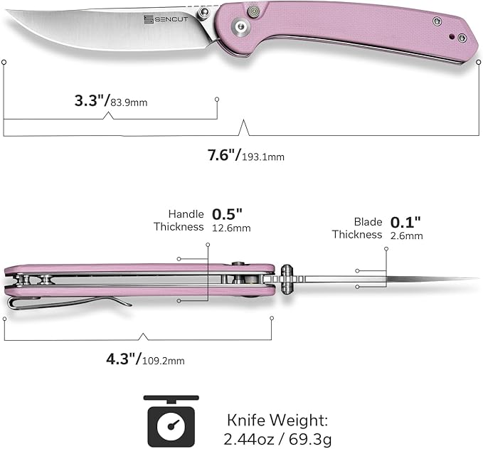 SENCUT Skelfin Pocket Knife for EDC, Folding Knife with 3.3'' Blade & G10 Handle, for Camping Hiking S25007-3(Powder Pink)