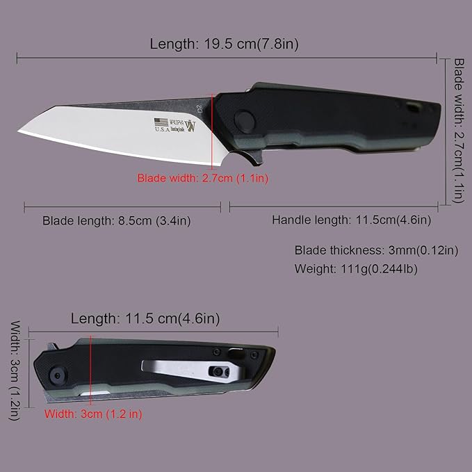7.8in Folding Pocket Knife with D2 Steel Blade, G10 Handle, Ball Bearing Pivot, Stonewashed Finish – Outdoor EDC Utility Tool for Camping, Hiking, Survival Use(G10 - Black/Onyx Color)