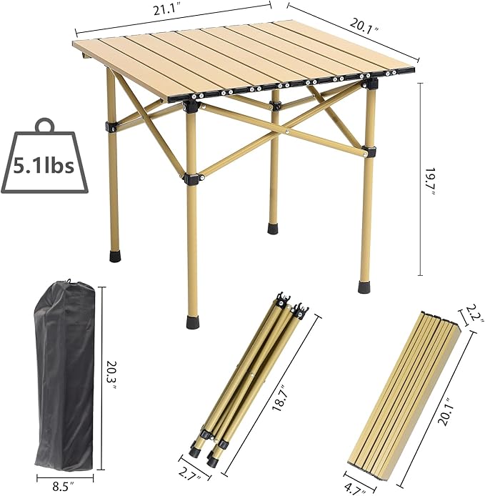 Wind Tour Portable Camping Table Folding Side Table Aluminum Lightweight Table with Carry Bag for Outdoor Cooking Hiking Picnics BBQ Travel (Khaki)