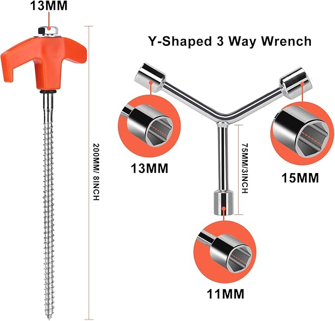 8" Screw in Tent Stakes - Ground Anchors Screw in, Camping Tent Accessories, Metal Threaded Tent Spikes, Tent Stakes for Outdoor Camping,Y-Shaped 3 Way Wrench (9)