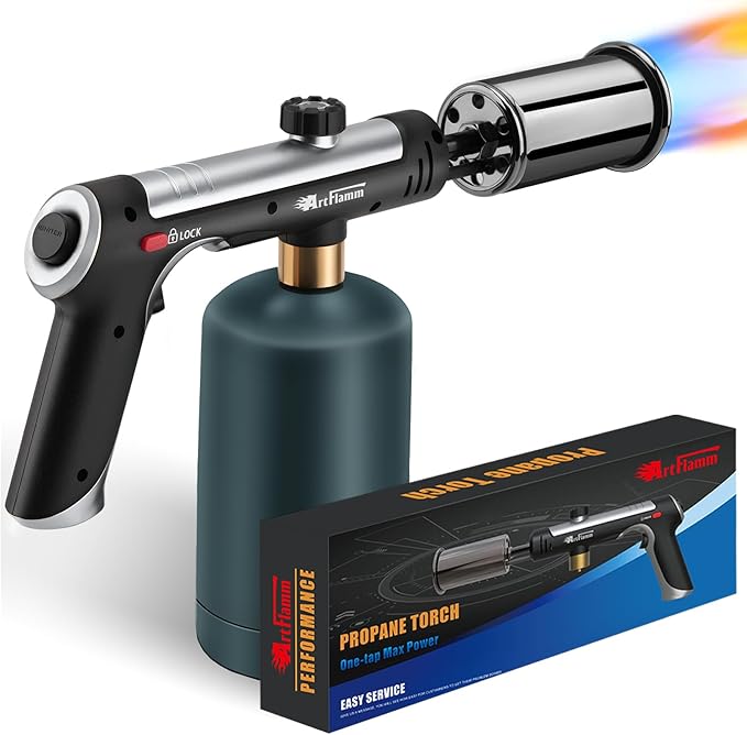 Powerful Propane Torch Gun, Flamethrower with Turbo Mode, Charcoal Torch Lighter with Safety Lock, Kitchen Blow Torch for Cooking, BBQ, Searing Steak, Grill(Tank Not Included)